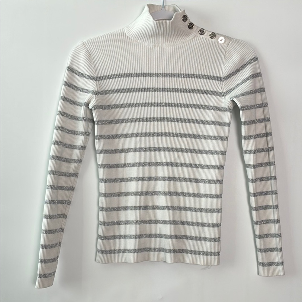 Lauren Ralph Lauren Striped Turtleneck Sweater with Button Detail - White/Silver